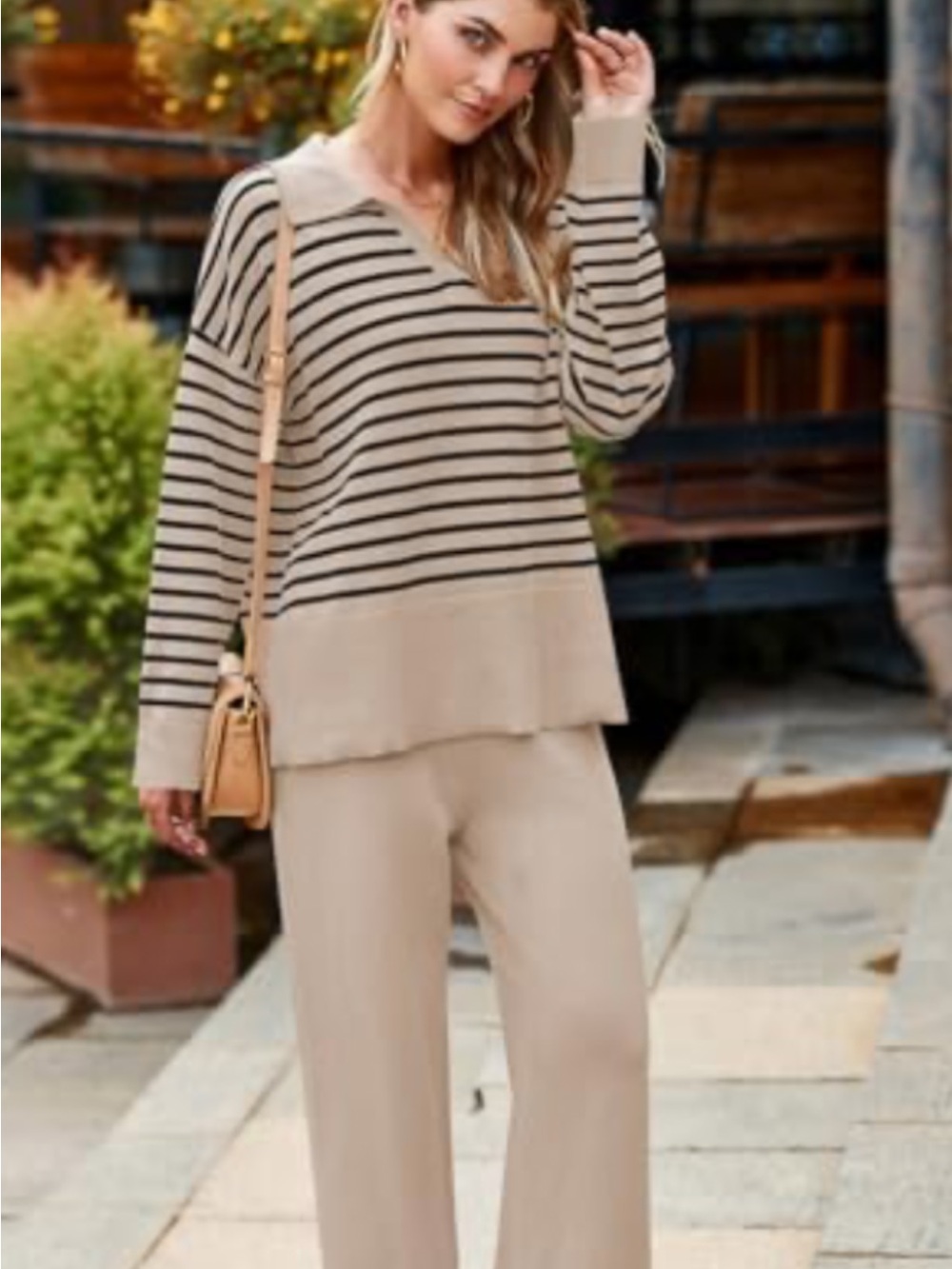 Pink queen NIP M TAN BLACK Striped ULTIMATE SOFT SWEATER 2-Piece SET